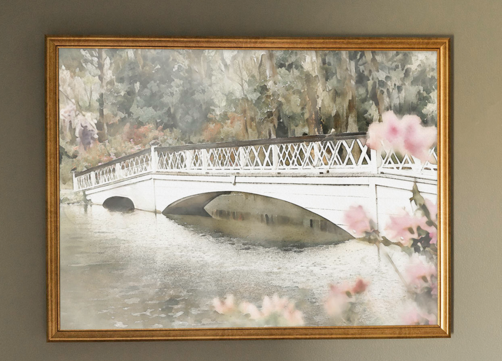 Magnolia plantation white bridge with pink flowers, Callaghan Collective watercolor painting
