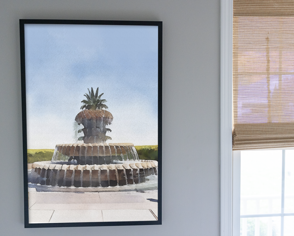 Pineapple fountain in Charleston South Carolina, Callaghan Collective watercolor print