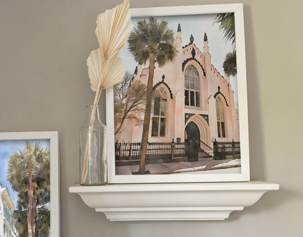 Pink church in Charleston with palm trees, Callaghan Collective watercolor print