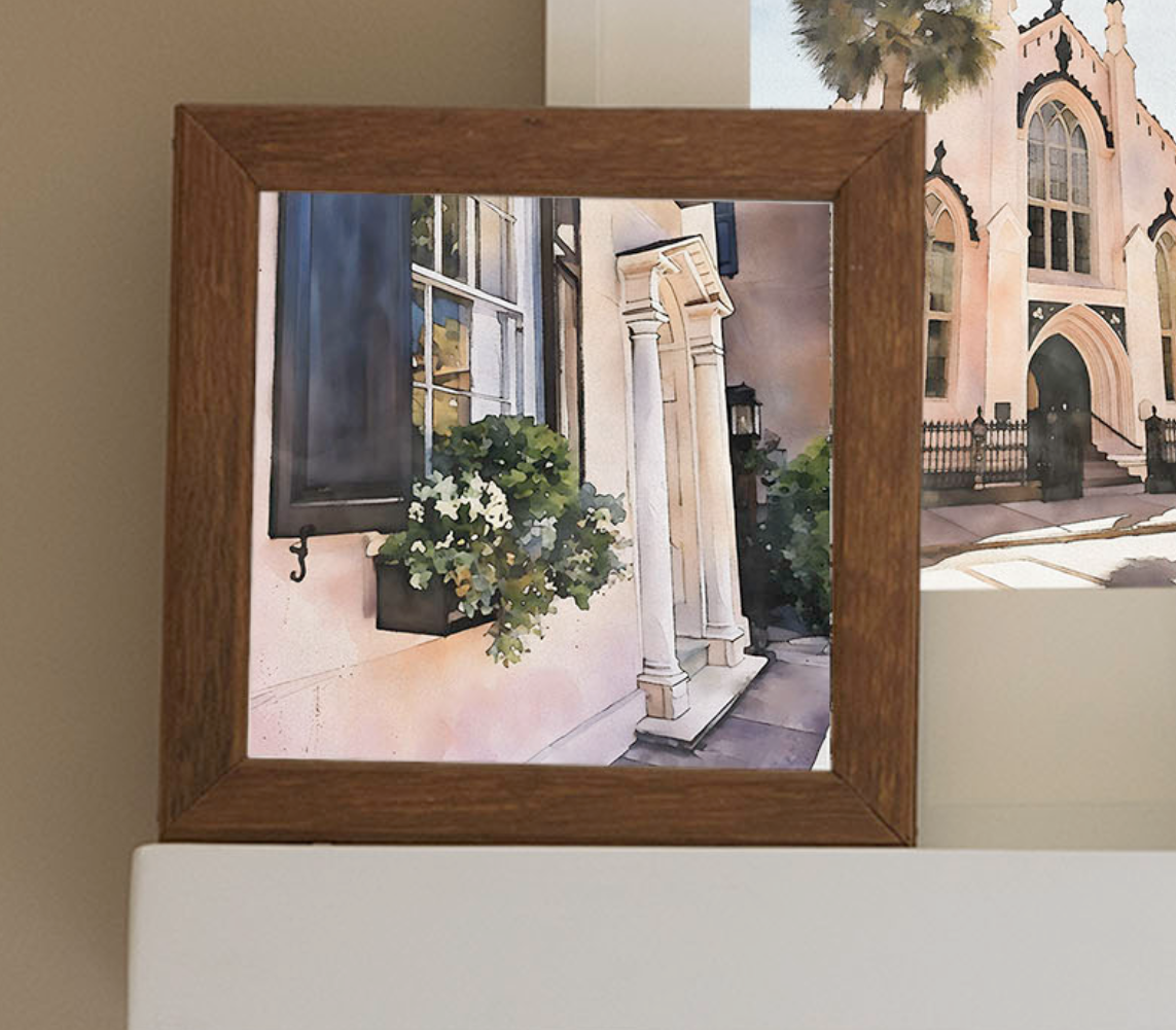 Pink building with a black flower box in Charleston South Carolina, Callaghan Collective watercolor print