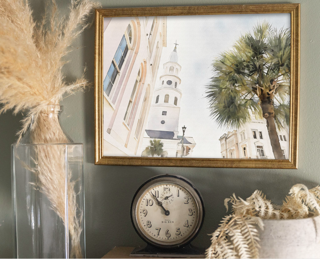 Callaghan Collective watercolor print of a white church in Charleston South Carolina